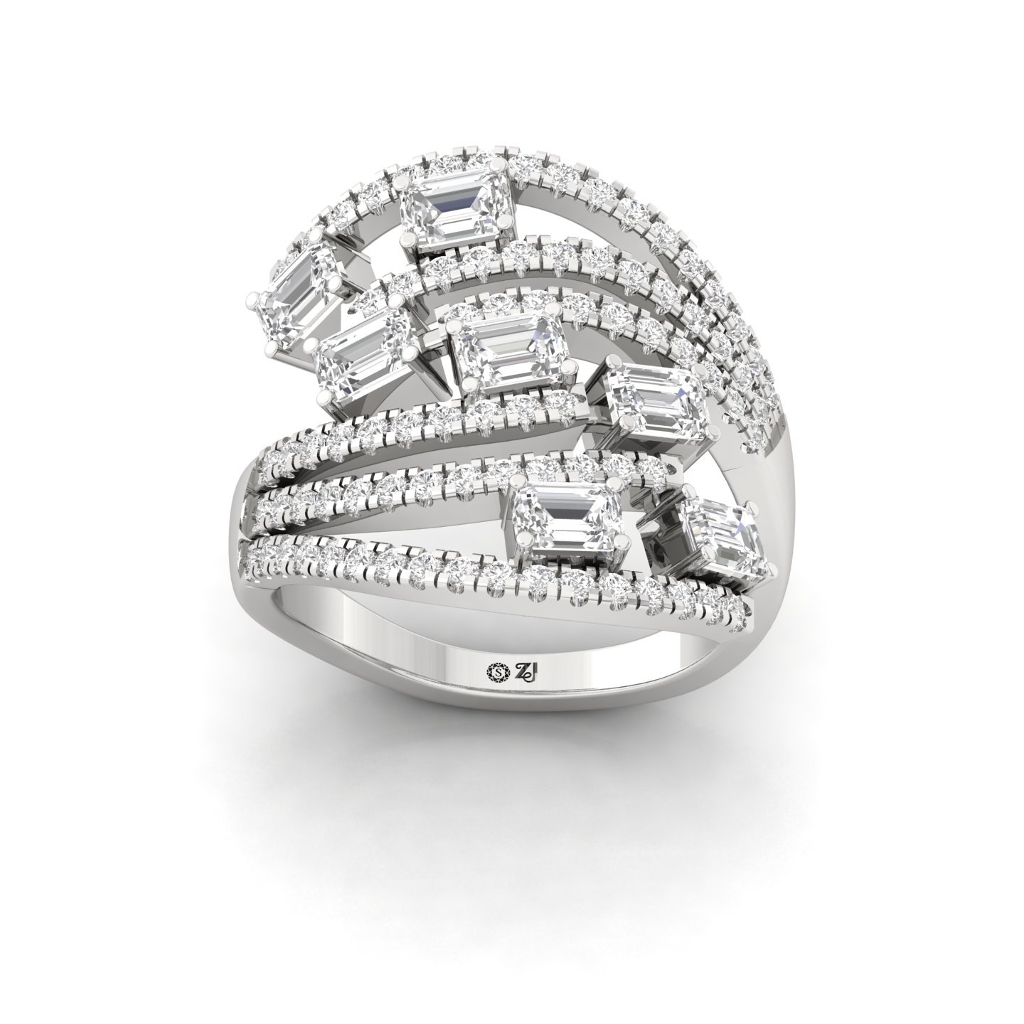 Emerald & Round Diamond Multi-Layer Statement Ring | Lab Grown CVD Diamond Designer Cocktail Ring | 925 Silver | 10K | 14K | 18K - Main View