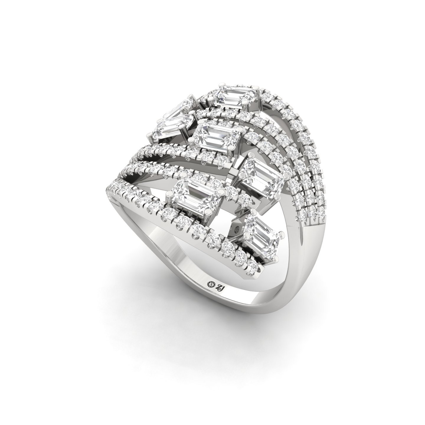 Emerald & Round Diamond Multi-Layer Statement Ring | Lab Grown CVD Diamond Designer Cocktail Ring | 925 Silver | 10K | 14K | 18K - View 2