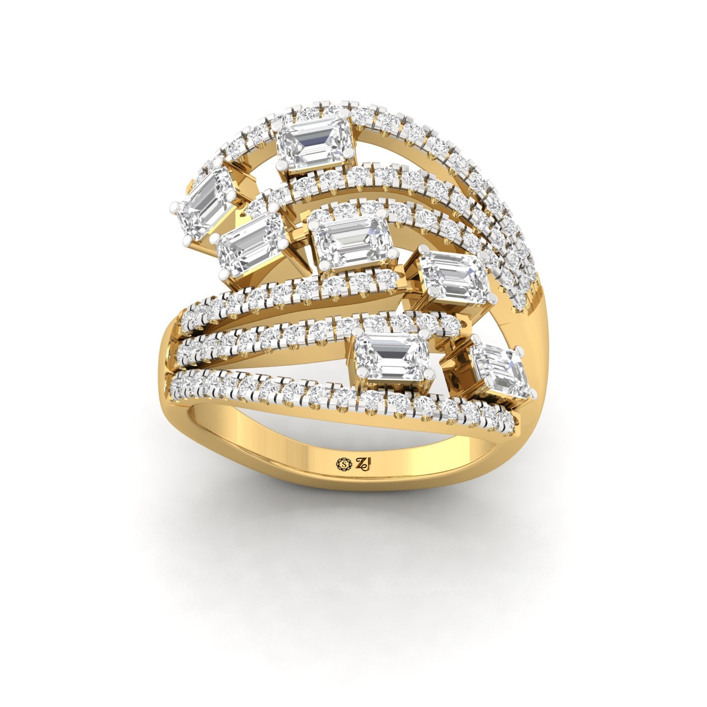 Emerald & Round Diamond Multi-Layer Statement Ring | Lab Grown CVD Diamond Designer Cocktail Ring | 925 Silver | 10K | 14K | 18K - Gold Main View