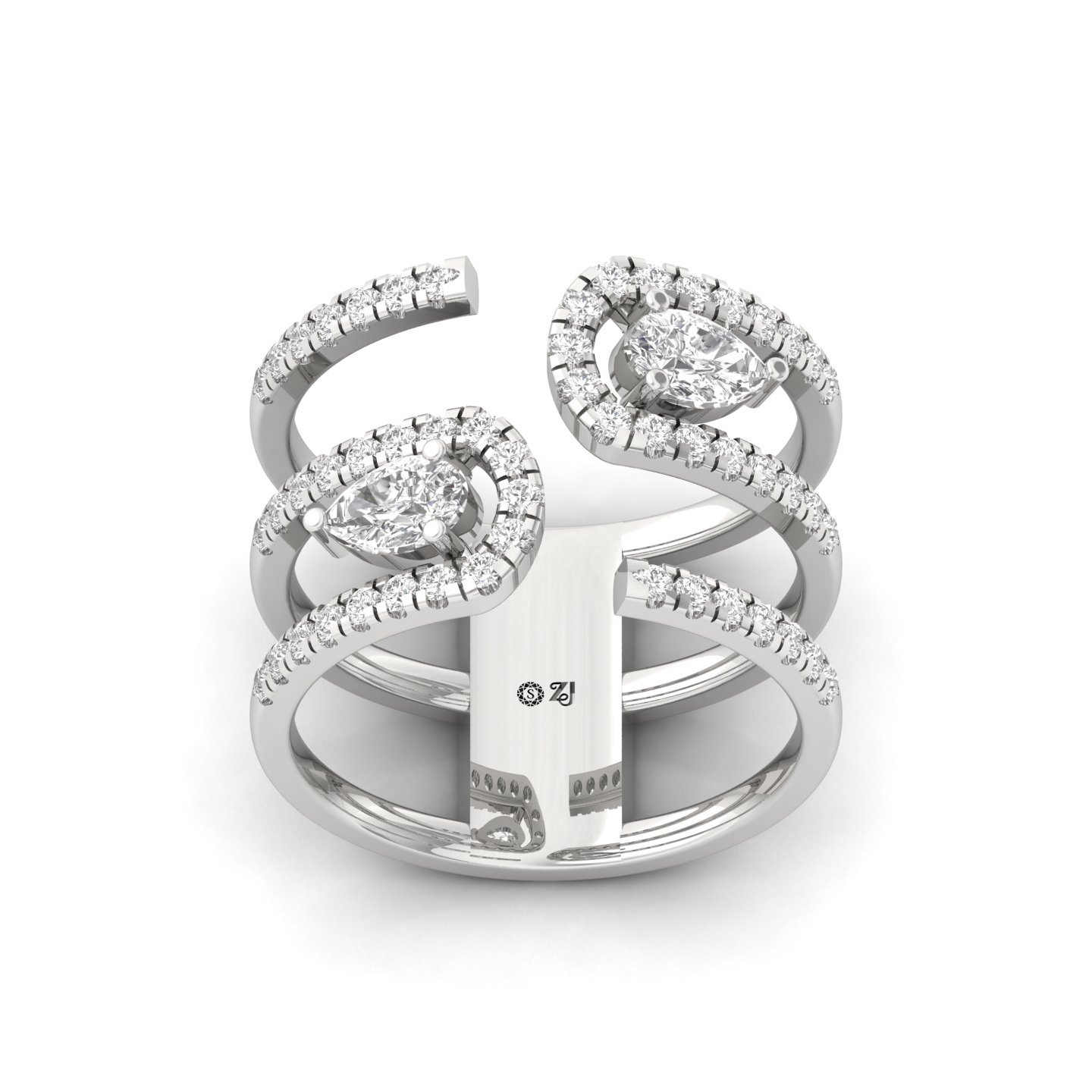 Pear & Round Diamond Open Spiral Ring | Lab Grown CVD Diamond Designer Statement Ring | 925 Silver | 10K | 14K | 18K - Main View