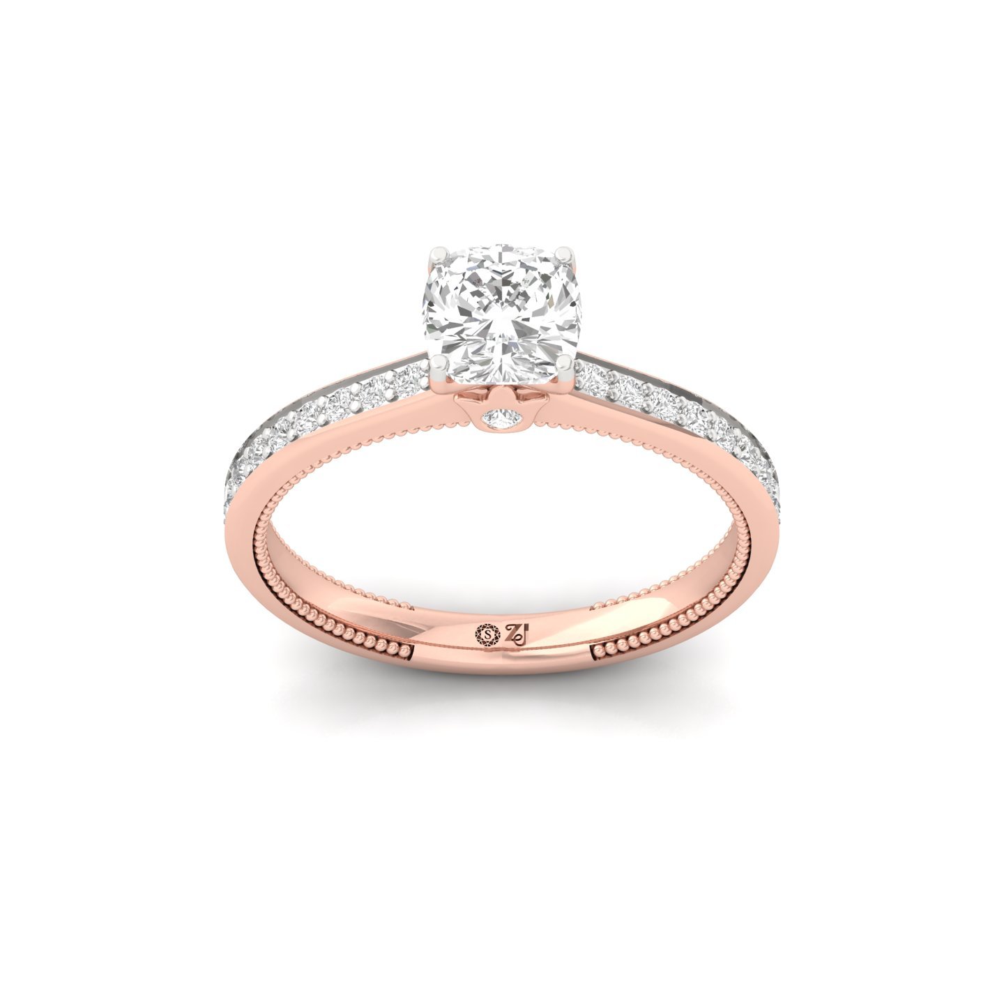 Cushion Cut Solitaire Engagement Ring with Diamond Accents | Lab Grown CVD Diamond | Silver | 10K | 14K | 18K Gold - Rose Gold Main View